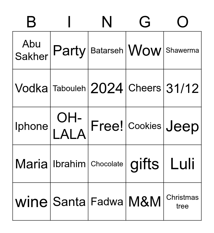 New Year's Eve 2024 Bingo Card