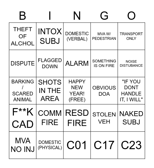 New Years Eve Dispatch Bingo Card