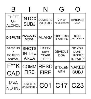 New Years Eve Dispatch Bingo Card