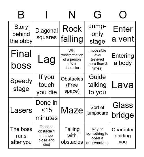 Roblox obby Bingo Card