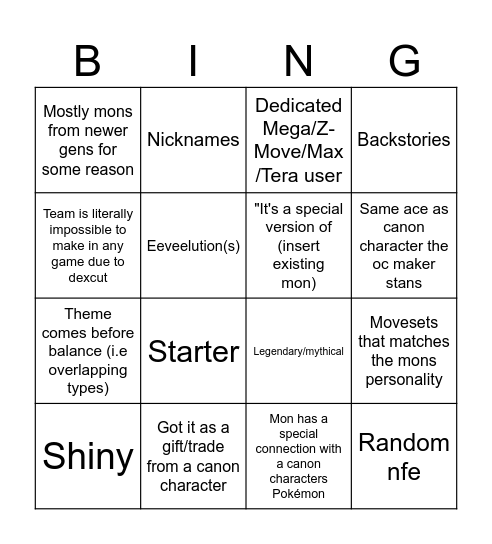 Pokémon OC team bingo Card