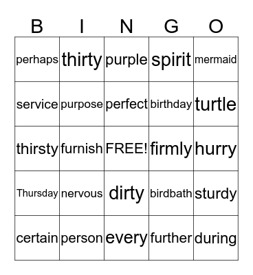 ER IR UR SORT Bingo Card