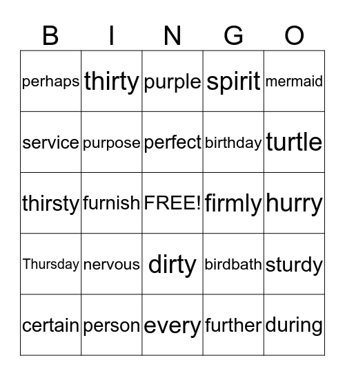 ER IR UR SORT Bingo Card