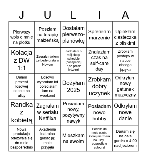 Noworoczne bingo dla kochanej aktorzystki Bingo Card