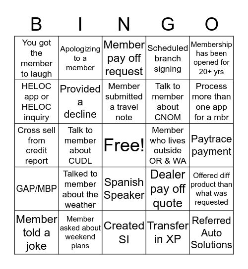 Senior Member Advisor Bingo Card