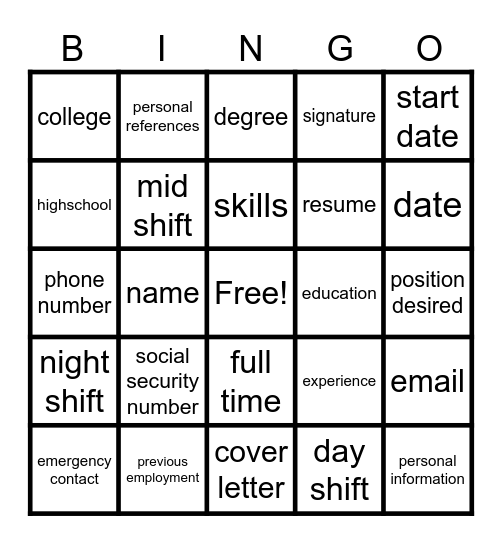 application words Bingo Card