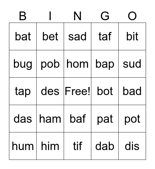 Lively Letters Bingo Card