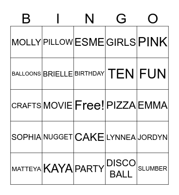 Kaya's Birthday Bingo! Bingo Card