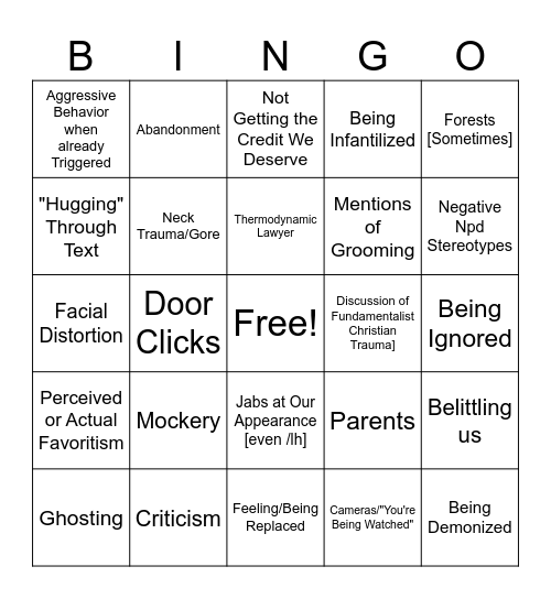 Kieran Trigger Bingo Card