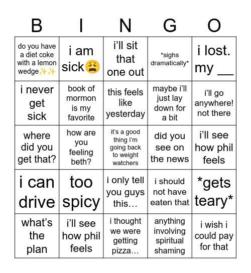 things nana says Bingo Card