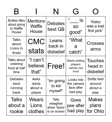 Jim Watching Football Bingo Card