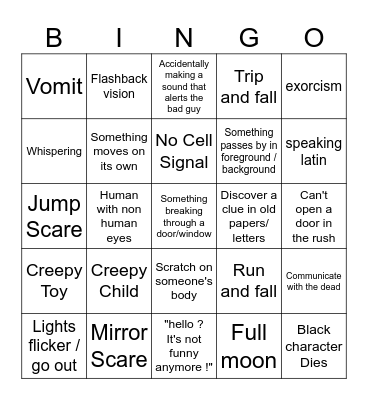 Horror Movie Cliche Bingo Card