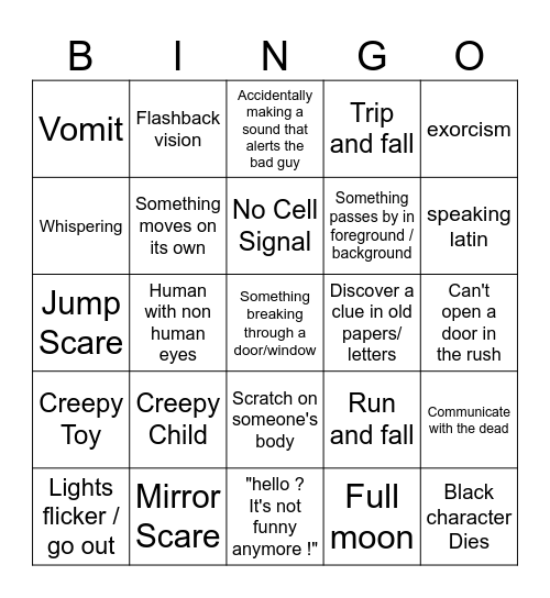 Horror Movie Cliche Bingo Card