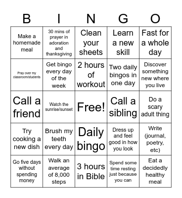 WEEKLY Bingo Card