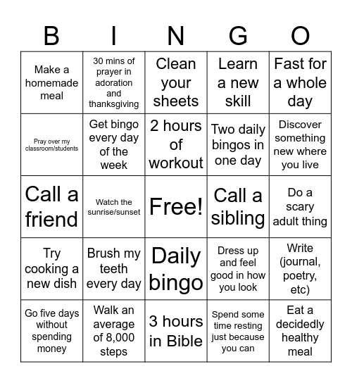 WEEKLY Bingo Card