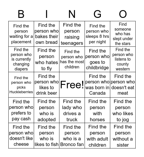 Adoption Bingo Card