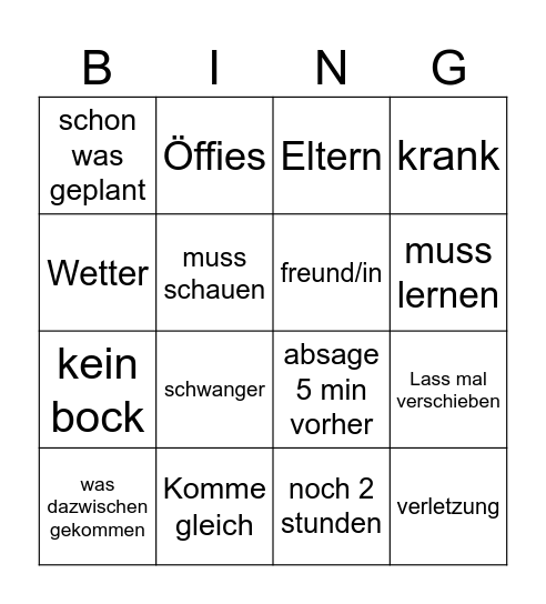 Treffen ausreden Bingo Card