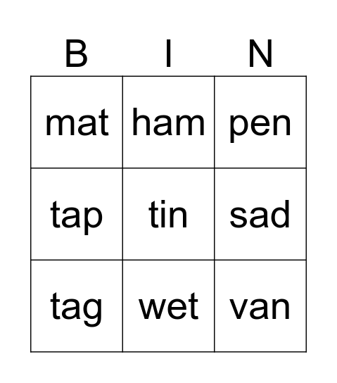 Rhyming Words Bingo Card