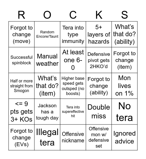 Turn 17 Rocks Bingo Card