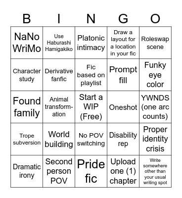 2024 Writing Bingo Card