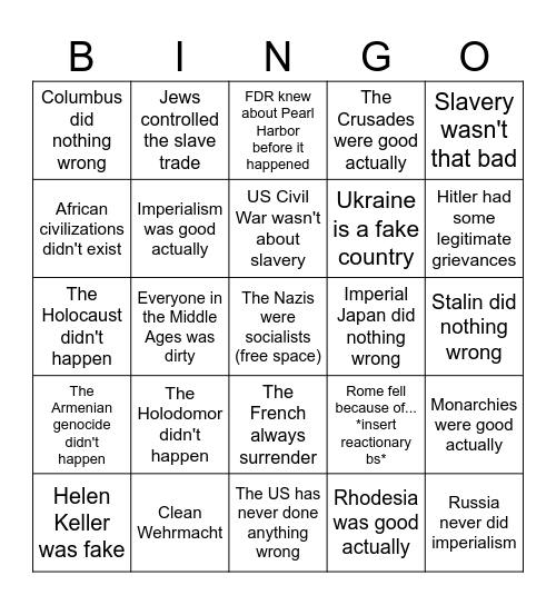 Bad History Takes Bingo Card