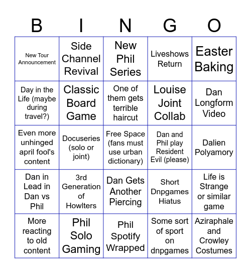 Dan and Phil Bingo 2024 Bingo Card