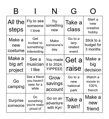 Jennica's 2024 Bingo Card