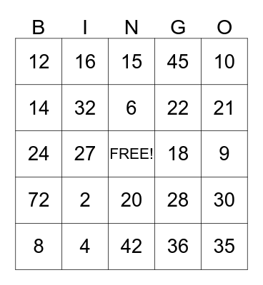 Multiplication Bingo Card
