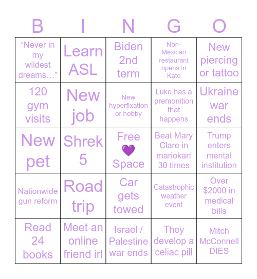 Liz’s 2024 bingo Card