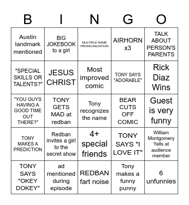 Kill Tony Bingo 2023 Bingo Card