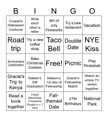 Gracie and Naleen 2024 Bingo Card