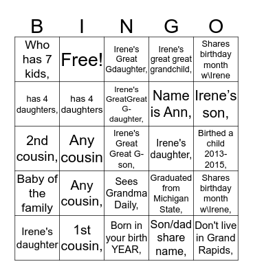 Bingo with Grandma Bingo Card