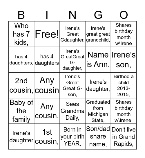 Bingo with Grandma Bingo Card