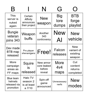 Halo Infinite 2024 Bingo Card