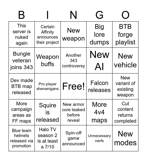 Halo Infinite 2024 Bingo Card