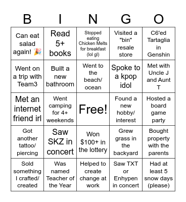 Bethany's 2024 Bingo Card