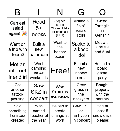 Bethany's 2024 Bingo Card