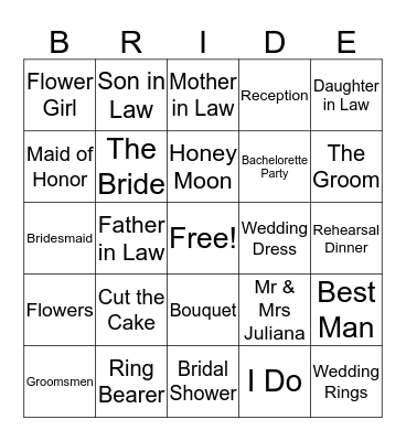 Bridal Shower Bingo Card Bingo Card