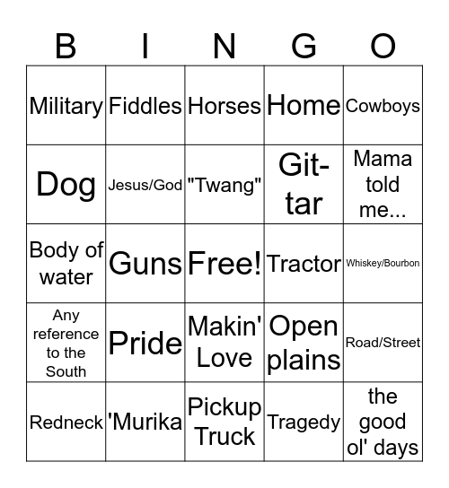 Country Bingo Card