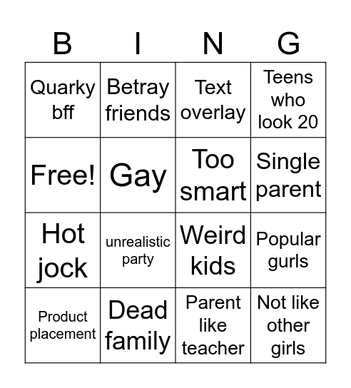 Teen drama Bingo Card