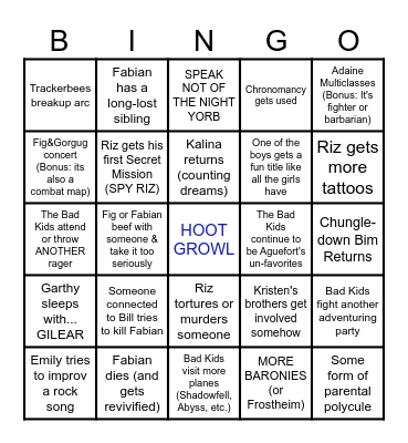 Fantasy High Junior Year Bingo Card