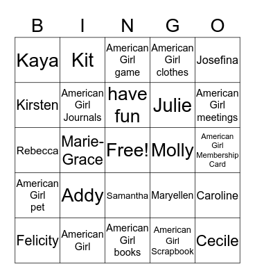 American Girl Bingo Card