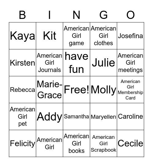 American Girl Bingo Card