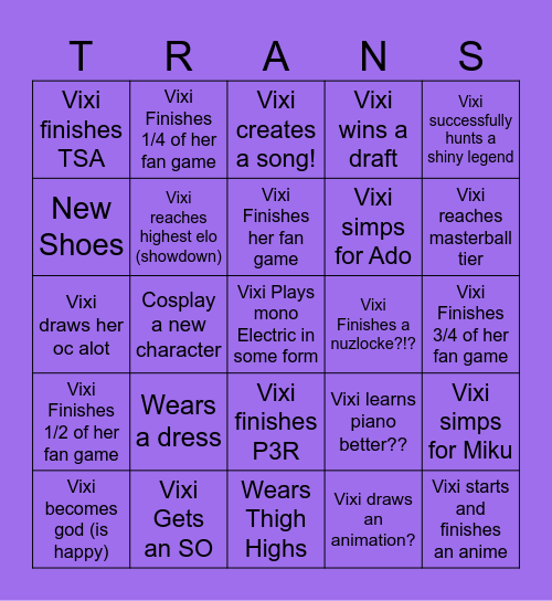 Vixi New Years Bingo Card