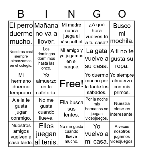 Stem-changing verbs from o to ue  & Possessives  en Espanol Bingo Card