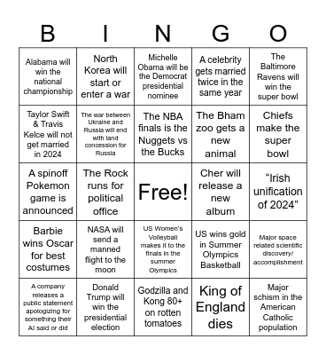 2024 Predictions Bingo Card