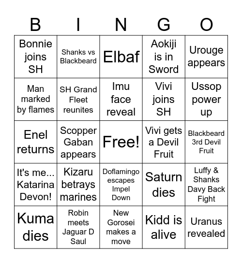 One piece Bingo Card