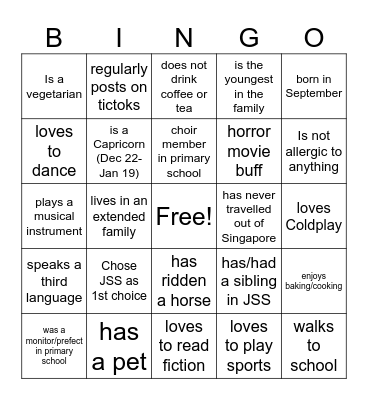 Sec 1 Human Bingo Card
