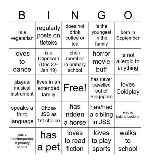 Sec 1 Human Bingo Card
