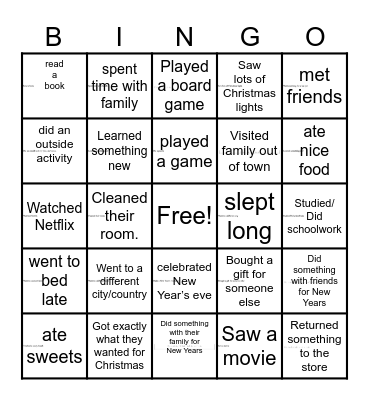 Winter Break Bingo Card